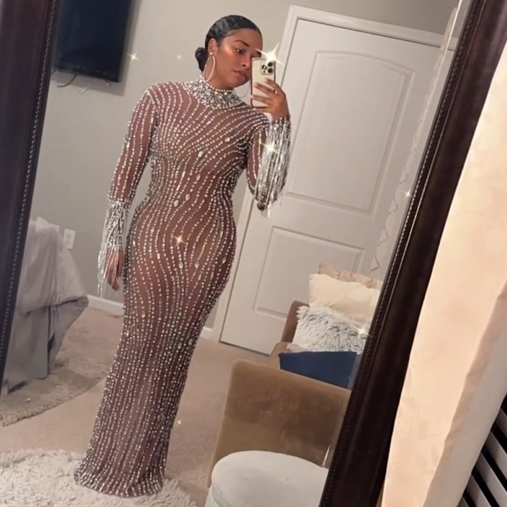 Amekana London Rhinestone Mesh Sheer Dress